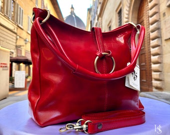 Italian Handmade Leather Bags For Woman l l Elegant Leather Tote From Florence, Red leather tote