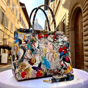 Italienische handgemachte Ledertaschen für Frauen | Elegante Ledertasche in Florence | Handwerklich angefertigte Tasche mit Steckschloss, Pop Art Tasche