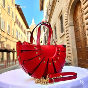 Italienische handgemachte Ledertaschen für Frauen l l Elegante Ledertasche aus Florenz, rote Ledertasche, Made in Italy