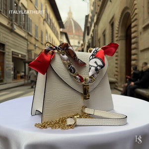 Italienische handgemachte Ledertaschen für Frau l l Elegante Ledertasche aus Florenz, weiße Ledertasche