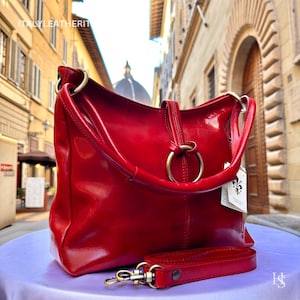 Italian Handmade Leather Bags For Woman l l Elegant Leather Tote From Florence, Red leather tote