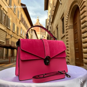 Borse in pelle fatte a mano in Italia per donna / Elegante borsa tote fucsia di Firenze / イタリア製