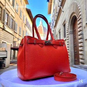 Italian Handmade Leather Bags For Woman l l Elegant Leather Tote From Florence, Made in Italy, Orange leather tote