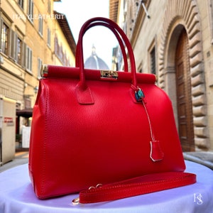 Sacs en cuir italiens faits main pour femme l l Fourre-tout en cuir élégant de Florence, sac rouge, sac à cadenas, sac à main élégant