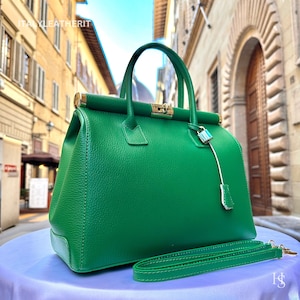 Sacs en cuir italiens faits main pour femme l l Élégant fourre-tout en cuir de Florence, sac vert, sac à cadenas