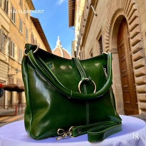 Italienische handgemachte Ledertaschen für Frauen l l Elegante Ledertasche aus Florenz, Made in Italy, grüne Umhängetasche