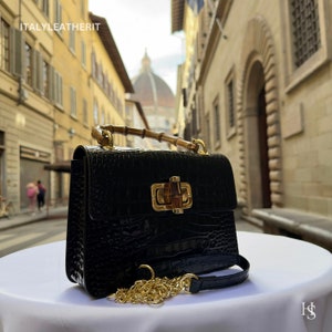 Italian Handmade Leather Bags For Women l l Elegant Leather Tote From Florence, black bamboo bag