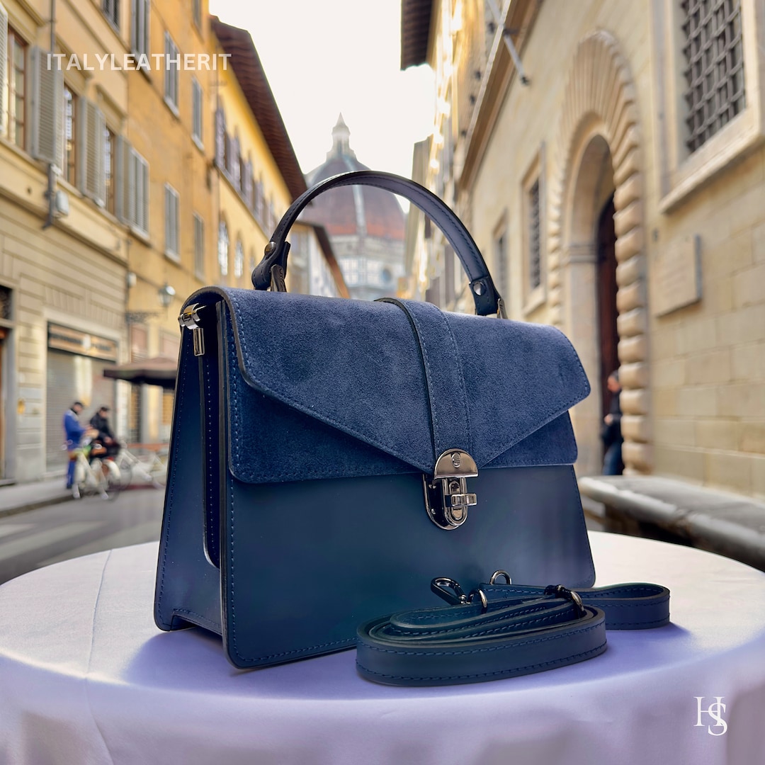 Handmade Italian Leather Tote: Stylish Navy Blue Bag From Florence