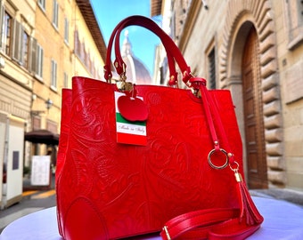 Italian Handmade Leather Bags For Woman l l Elegant Leather Tote From Florence || Made in Italy , Red leather tote