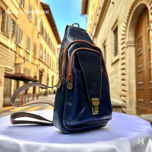 Sac à bandoulière en cuir fait main italien pour unisexe fabriqué en Italie de Florence | Sac banane, bleu marine