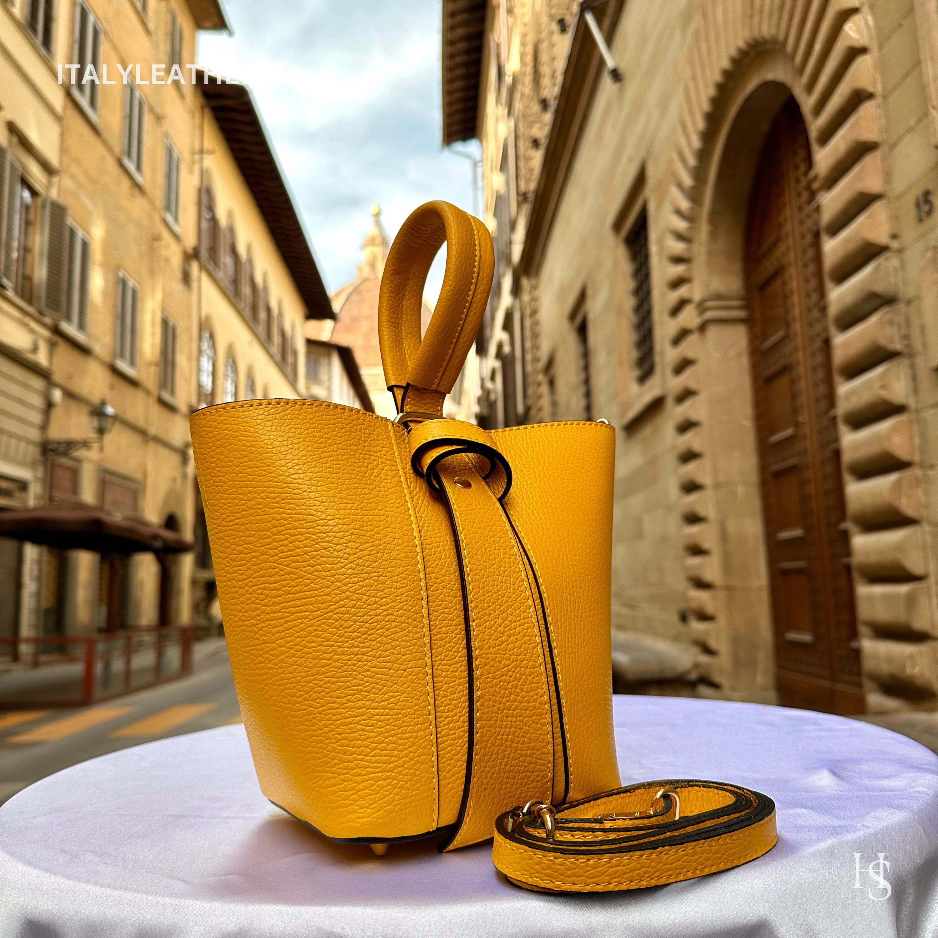 Handmade Italian Leather Bucket Bag: Elegant Women's Tote Purse, yellow purse