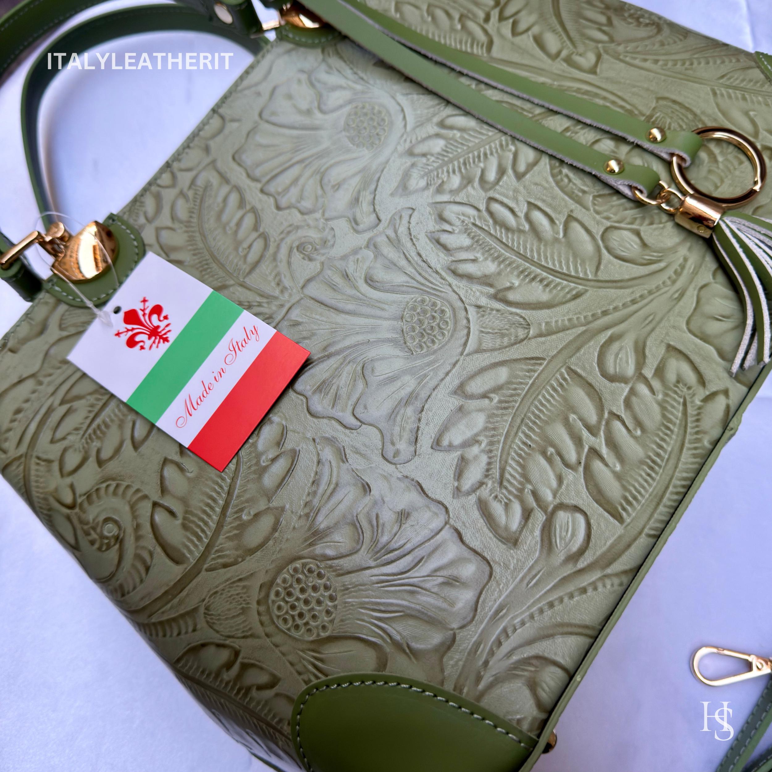 イタリア製ハンドメイドレザーバッグ（女性用）、フラワーモチーフの 