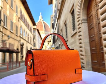 Grand Sac à Main Cabas En Cuir Véritable Made In Italy - Orange/jaune - Neuf Avec étiquettes