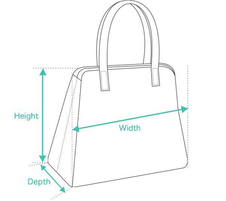 Puede incluir: Dibujo lineal de un bolso con medidas etiquetadas: Altura, Ancho y Profundidad. El bolso tiene dos asas y una forma rectangular con un perfil lateral trapezoidal. Las medidas se indican con flechas turquesas.