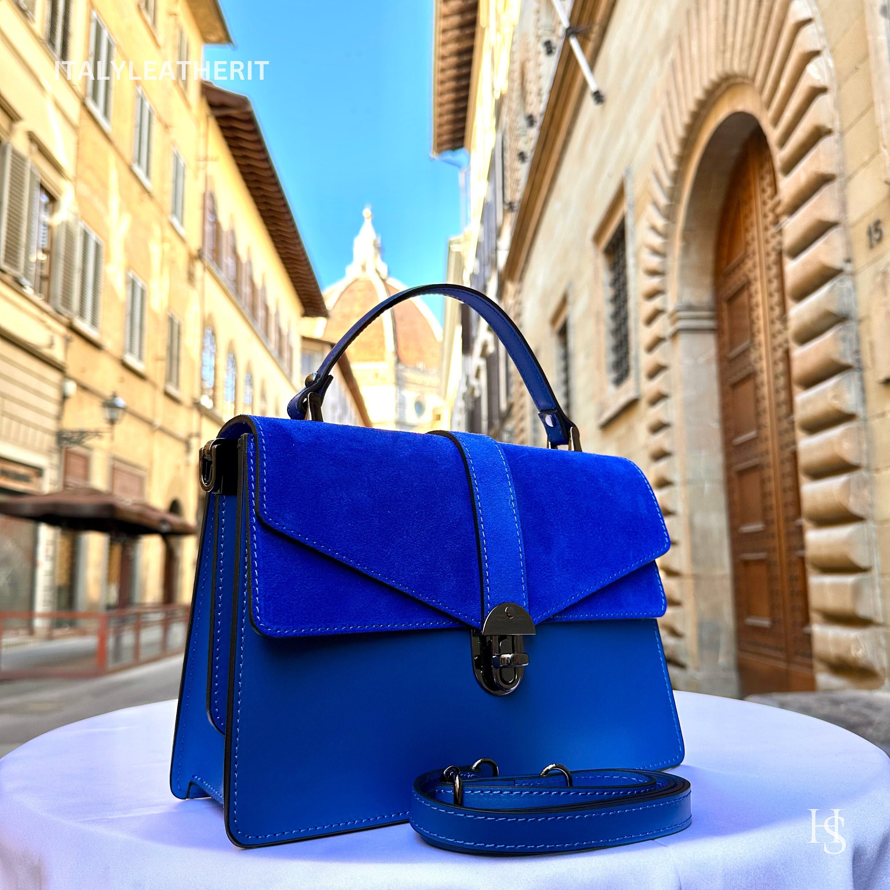 Italian Leather Tote Bag: Handmade Blue Satchel from Florence