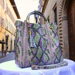Italian Handmade Leather Bags for Women, Python Print Tote, Top Handle Purse, Made in Italy