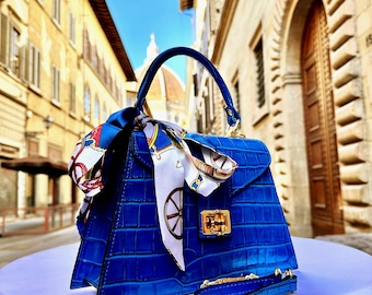 Blue Italian Leather Tote Bag – Elegant Top Handle Purse with Scarf – Handmade in Florence