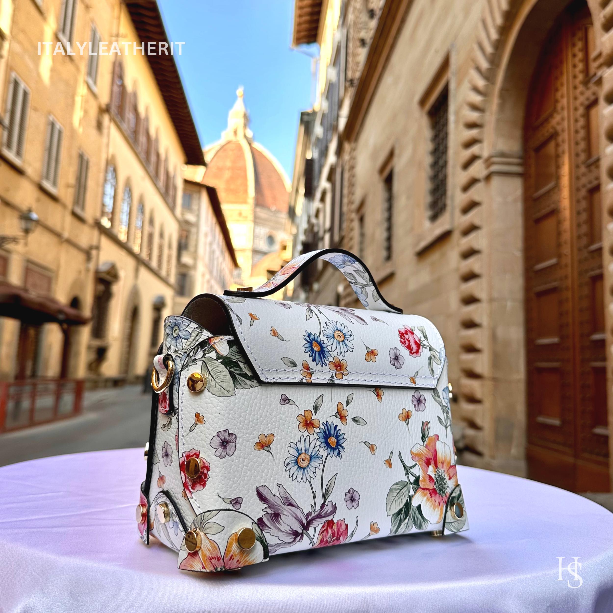 イタリア製ハンドメイドフラワーレザーハンドバッグ（女性用 