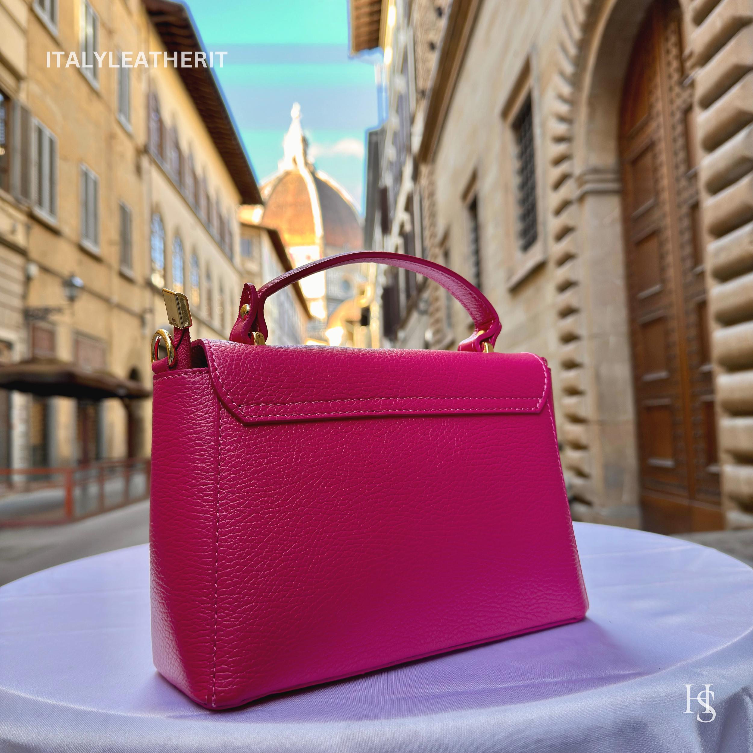 Italian Leather Tote Bag: Handmade Fuchsia Purse With Bee Clasp