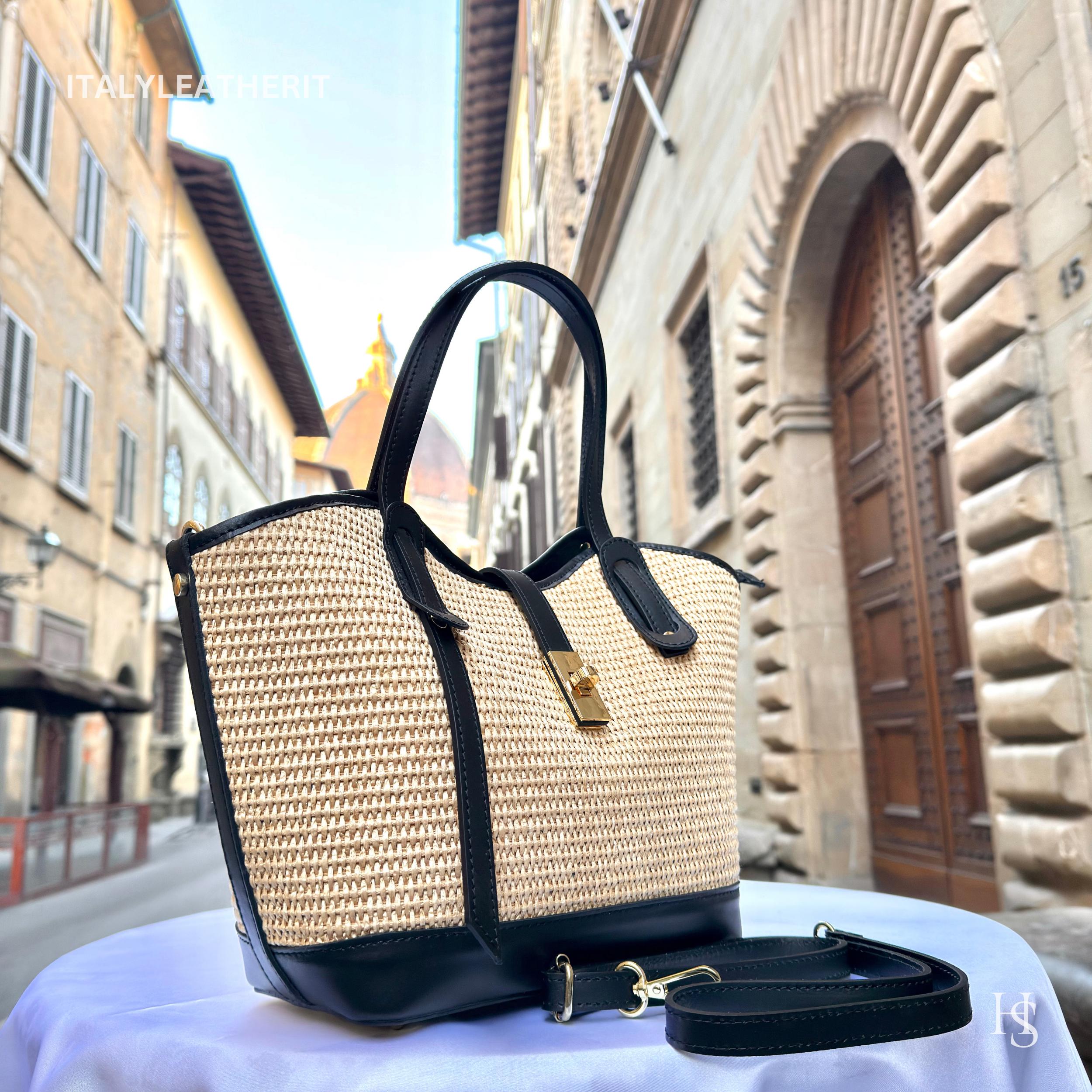 Italian Handmade Leather Bag, Summer Handbag for women, Straw purse