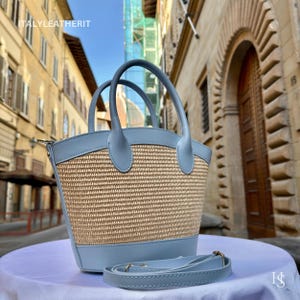 Italian Handmade Leather Bag for women, Woven Straw Shoulder Handbag