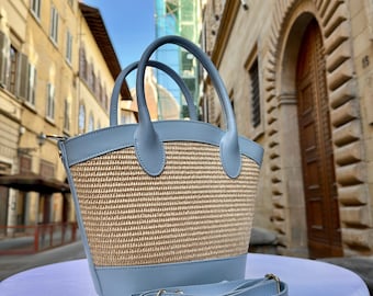 Bolsa de couro artesanal italiana para mulheres, bolsa de ombro de palha trançada