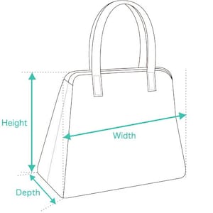 Puede incluir: Dibujo lineal de un bolso con medidas etiquetadas: altura, ancho y profundidad. El bolso tiene dos asas y una forma rectangular con lados ligeramente inclinados. Las medidas se indican con flechas turquesas.