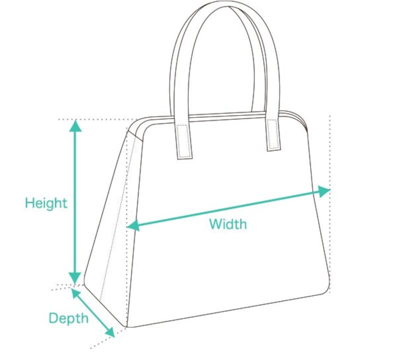 Puede incluir: Dibujo lineal de un bolso con medidas etiquetadas: altura, ancho y profundidad. El bolso tiene dos asas y una forma rectangular con lados ligeramente inclinados. Las medidas se indican con flechas turquesas.