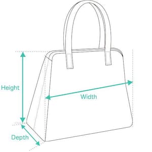 May include: Line drawing of a handbag with measurements for height, width, and depth.