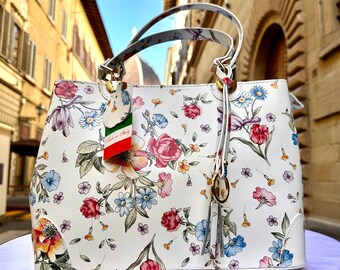 VALENCHI Genuine Leather Tote Bag For Women - Flower Embossed, Spacious, With Zip Pockets & Adjustable Strap