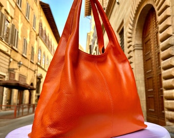 Italian Handmade Soft Leather Shoulder Bag: Orange Florence Tote