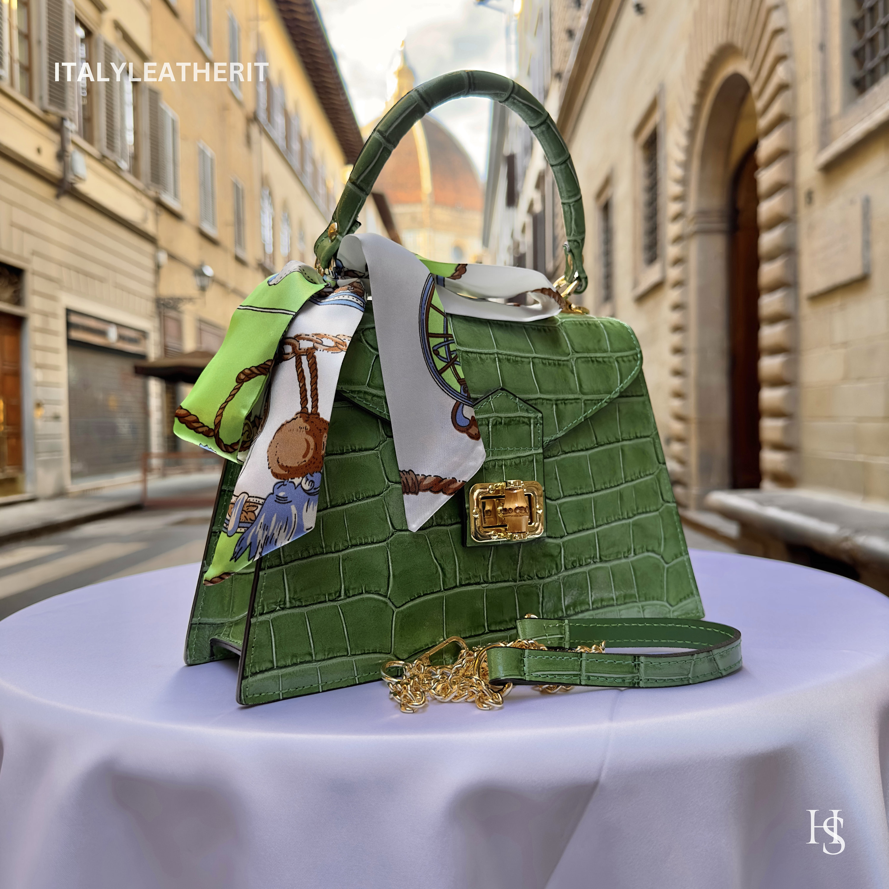 Elegant Green and Tan Leather Bag Elegant Knotted Leather Tote Bag – Tiffany & Fred Paris main image 3