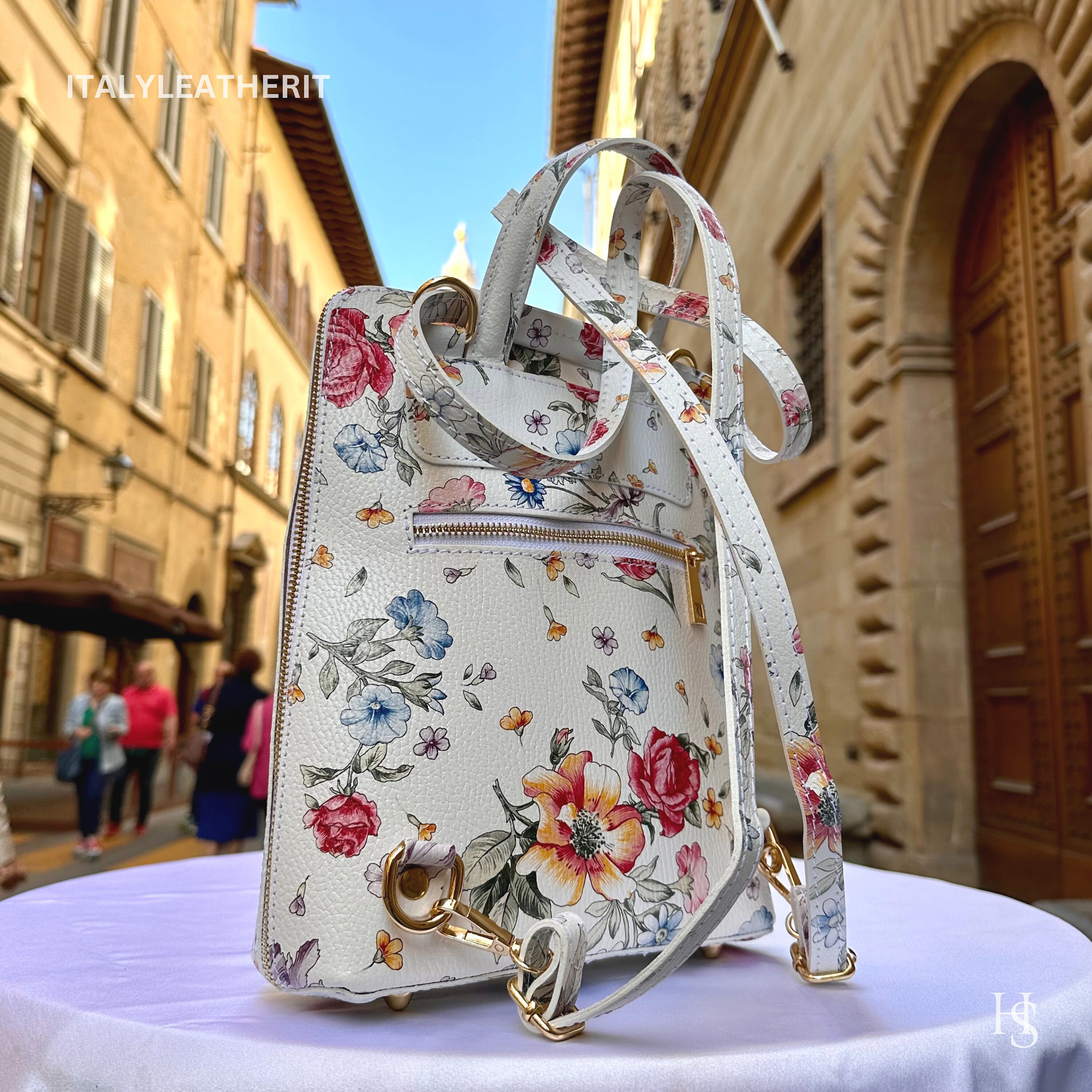 Italian genuine leather flower floral organizer backpack bag white Handmade Tuscan Leather Floral Backpack: Italian Computer  main image 4