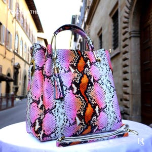 Italian Handmade Leather Bags for Women, Python Print Tote, Top Handle Purse, Made in Italy