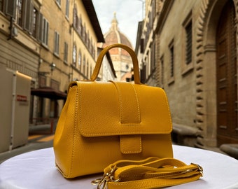 Italian Handmade Leather Bags For Women l l Elegant Leather Tote From Florence, Yellow leather tote