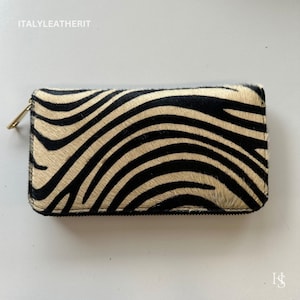 Italienische Pony-Haar-Brieftasche für Frauen, Reißverschluss-Leder-Clutch, Zebra-Print, hergestellt in Italien