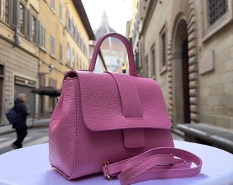 Borse in pelle fatte a mano in Italia per donna / Borsa a mano rosa con manico superiore di Firenze, borsa a tracolla