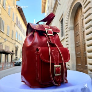 Italian Handmade Red Leather Backpack – Unisex Tuscan Bag from Florence | Genuine Leather Travel, Work & School Backpack Made in Italy