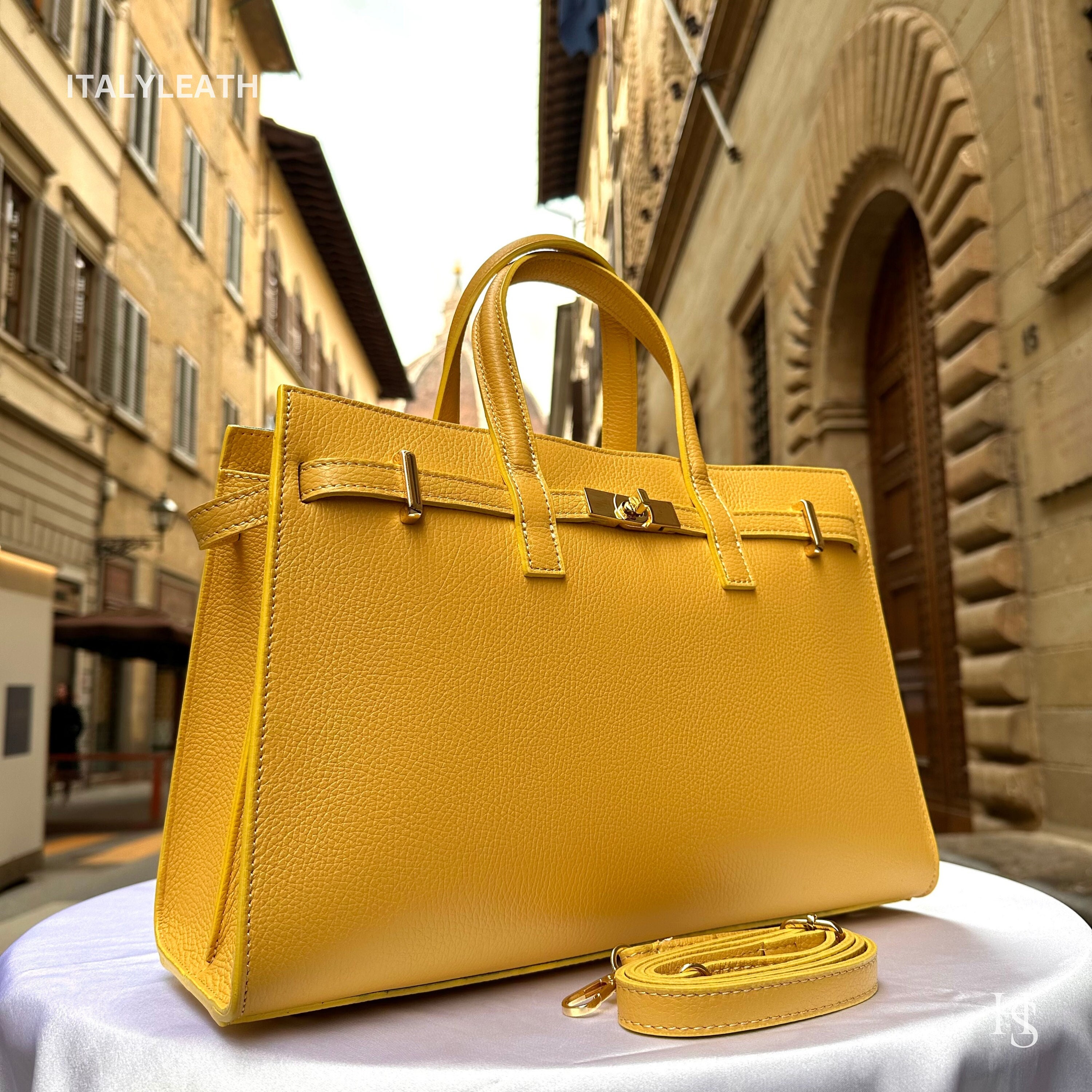 Italian Handmade Leather Tote: Elegant Yellow Purse, Florence