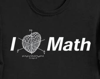 May include: Black t-shirt with a white graphic of a heart with a 3D mathematical equation inside. The text "I Love Math" is printed below the heart.
