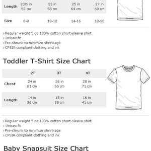 May include: Size chart for kids' and toddler t-shirts and baby onesies. The chart includes measurements in inches and centimeters for chest and length, as well as weight in pounds and kilograms for baby onesies. The chart also includes information about the fabric and construction of the garments.