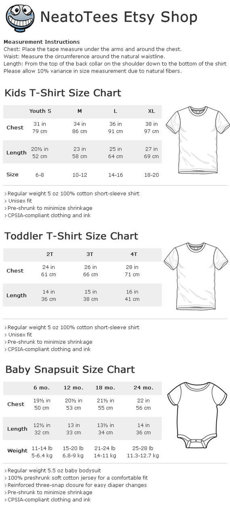 May include: Size chart for kids' and toddler t-shirts and baby onesies. The chart includes measurements in inches and centimeters for chest and length, as well as weight in pounds and kilograms for baby onesies. The chart also includes information about the fabric and construction of the garments.