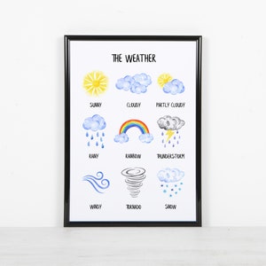 Impresión del clima / Impresión Montessori / Impresión de palabras del clima para guardería / Póster de aprendizaje / Impresión educativa / Decoración de guardería para bebé con arcoíris de acuarela