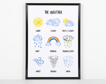 Weather Print | Montessori Print | Weather Words Nursery Print | Learning Poster | Educational Print | Watercolor Rainbow Baby Nursery Decor