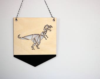 Geometric T-REX Dinosaur Pennant ©, Dinosaur Flag Bunting, Wall Hanging, Scandi, Monochrome Nursery Decor