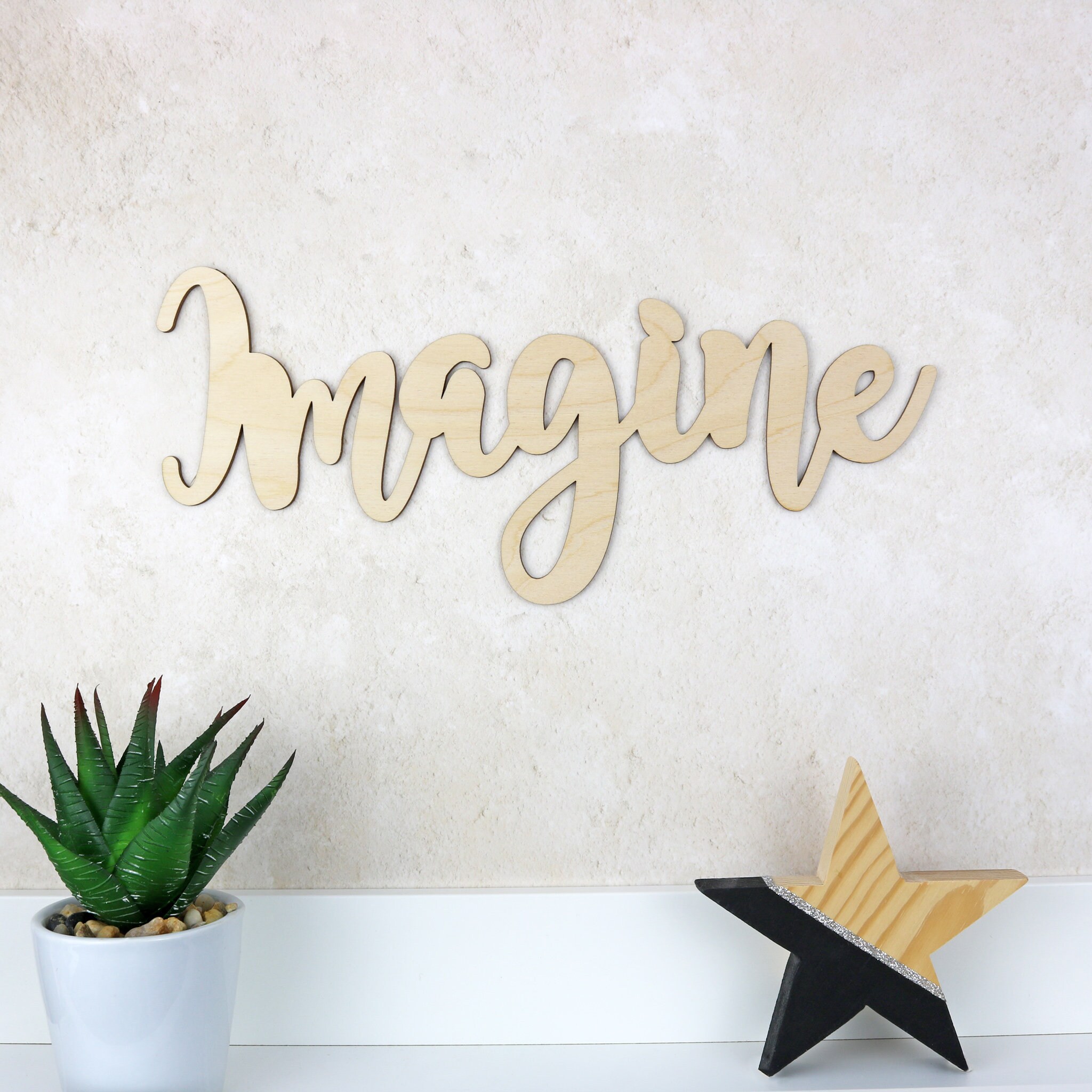 Imagine Sign Wooden Word Wall Art Imagine Script Word Sign Etsy