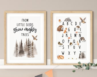 Set of 2 Prints | Woodland Nursery Print | Woodland Alphabet Print | Forest Theme | Kids Room Decor | Woodland Animal Alphabet | ABC Nursery