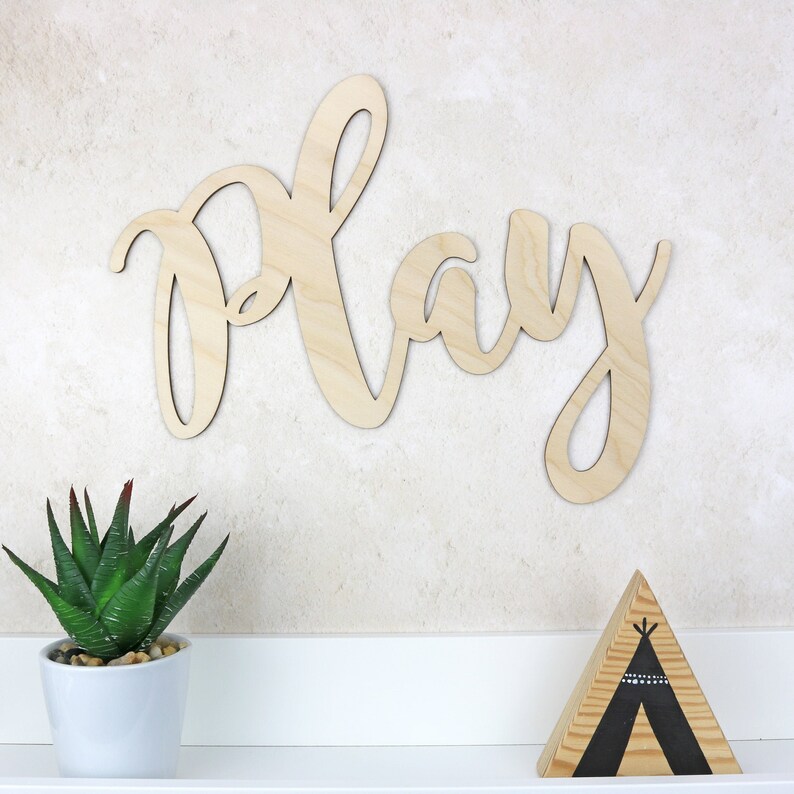 Play Sign Wooden Word Wall Art Play Script Word Sign Etsy UK