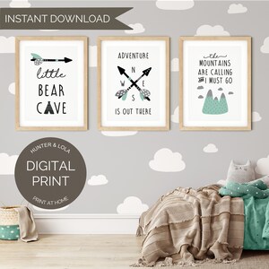 Mint Woodland Nursery Wall Art | Set of Three Nursery Prints | Nursery PRINTABLE Wall Art | Little Bear Cave Print | DIGITAL DOWNLOAD