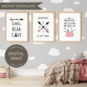 Pink Woodland Nursery Wall Art | Set of Three Nursery Prints | Girls Nursery PRINTABLE Wall Art | Little Bear Cave Print | DIGITAL DOWNLOAD